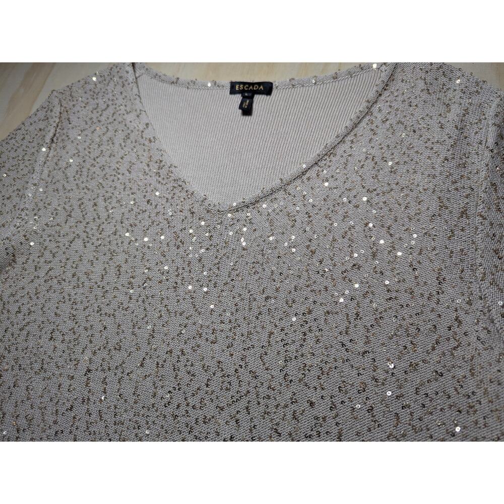 Escada Sagira Top Large Silk Cotton Sequin Knit Short Sleeve Blouse Beige Italy - Picture 3 of 16